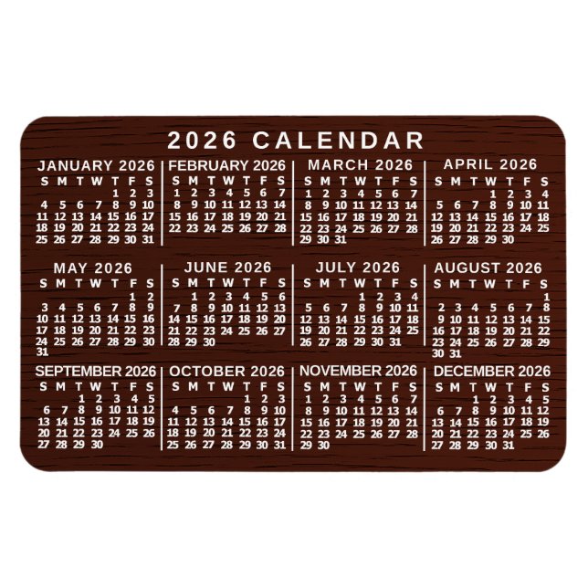 2026 Års Månadskalender Brun Trästruktur Enkel Magnet (Horisontell)