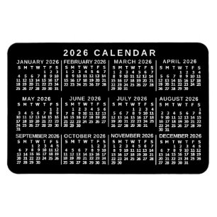 2026 Års Månadskalender Klassisk Svart och Vit Magnet