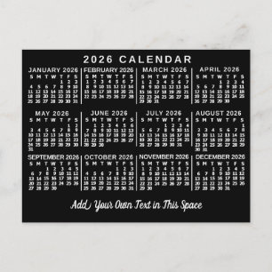 2026 Års Månadskalender Klassisk Svart och Vit Vykort