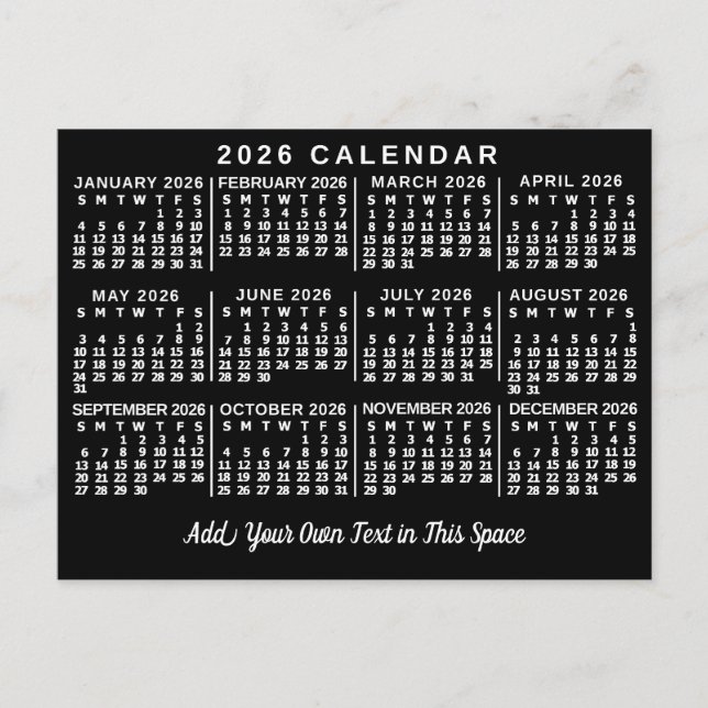 2026 Års Månadskalender Klassisk Svart och Vit Vykort (Framsida)