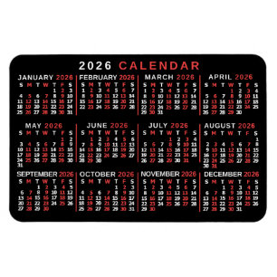 2026 Års Månadskalender Klassisk Svart Röd Vit Magnet