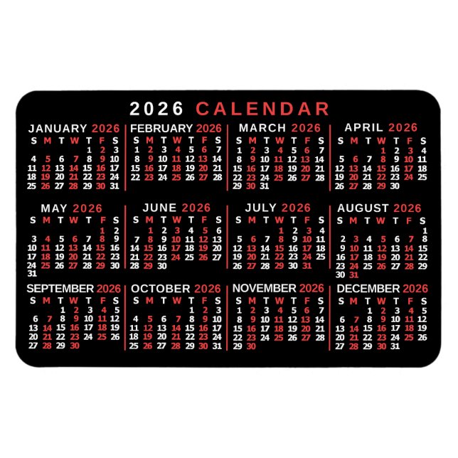 2026 Års Månadskalender Klassisk Svart Röd Vit Magnet (Horisontell)