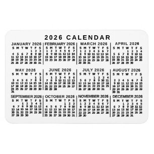 2026 Års Månadskalender Klassisk Vit och Svart Magnet