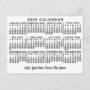 2026 Års Månadskalender Klassisk Vit och Svart Vykort