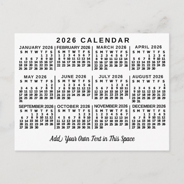 2026 Års Månadskalender Klassisk Vit och Svart Vykort (Framsida)