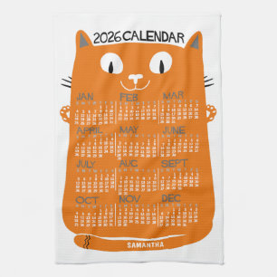 2026 Års Månadskalender Mid-Century Orange Katt Kökshandduk