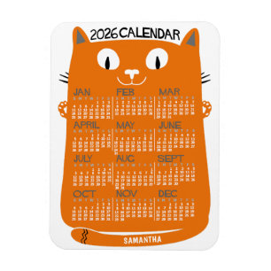 2026 Års Månadskalender Mid-Century Orange Katt Magnet