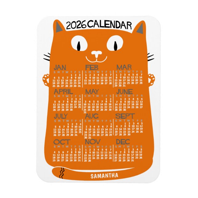 2026 Års Månadskalender Mid-Century Orange Katt Magnet (Vertikal)