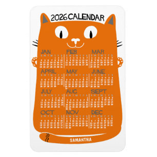 2026 Års Månadskalender Mid-Century Orange Katt Magnet