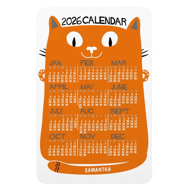 2026 Års Månadskalender Mid-Century Orange Katt Magnet (Vertikal)