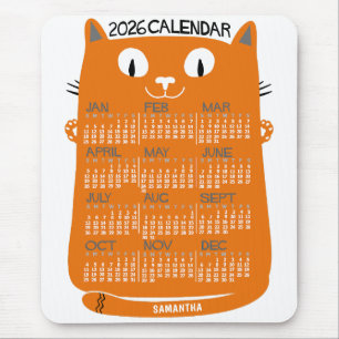 2026 Års Månadskalender Mid-Century Orange Katt Musmatta