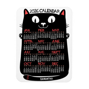 2026 Års Månadskalender Mid-Century Svart Katt Magnet