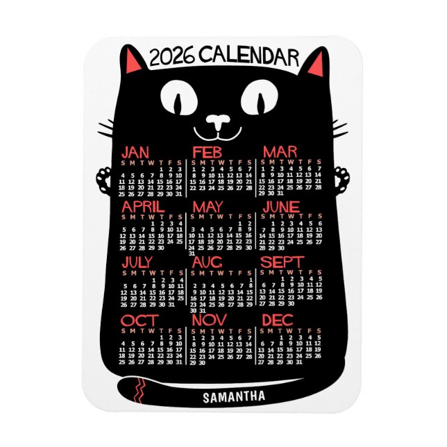 2026 Års Månadskalender Mid-Century Svart Katt Magnet (Vertikal)