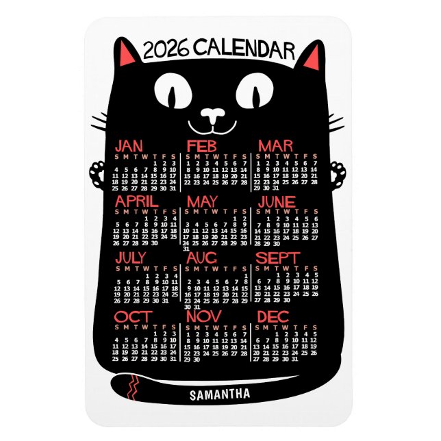 2026 Års Månadskalender Mid-Century Svart Katt Magnet (Vertikal)