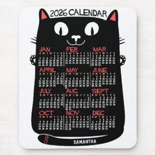 2026 Års Månadskalender Mid-Century Svart Katt Musmatta