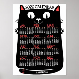 2026 Års Månadskalender Mid-Century Svart Katt Poster