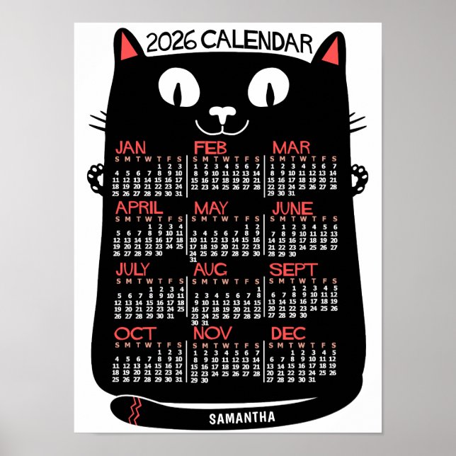 2026 Års Månadskalender Mid-Century Svart Katt Poster (Framsidan)