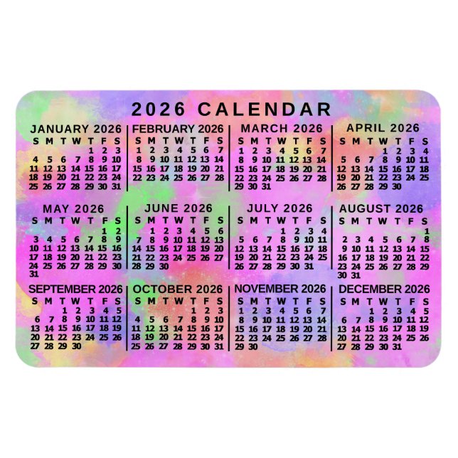 2026 Års Månadskalender Regnbåge Splatter Färg Magnet (Horisontell)