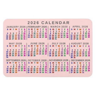 2026 Års Månadskalender Rosa Färgrik Magnet