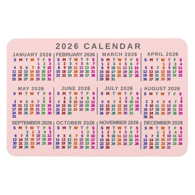 2026 Års Månadskalender Rosa Färgrik Magnet (Horisontell)
