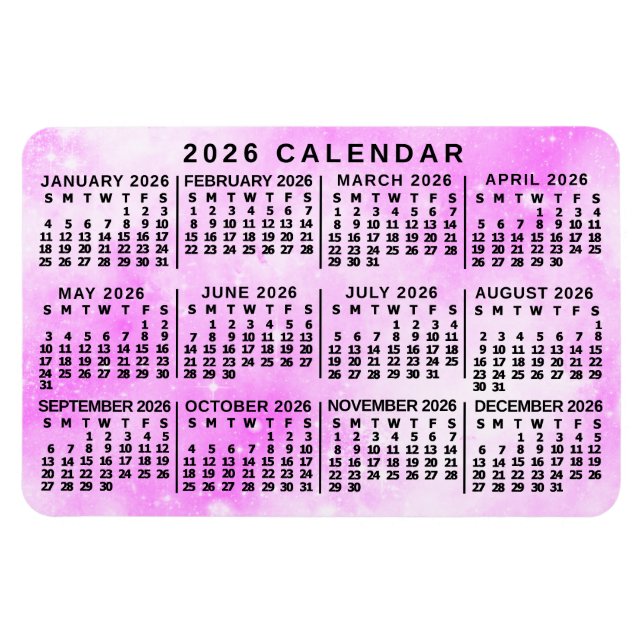 2026 Års Månadskalender Rosa Vattenfärg Stjärnor Magnet (Horisontell)