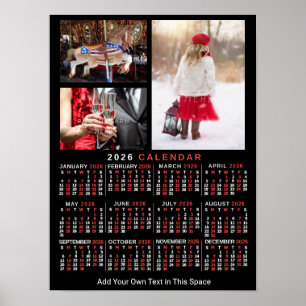 2026 Års Månadskalender Svart Anpassad 3 Bilder Poster