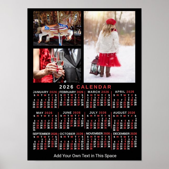 2026 Års Månadskalender Svart Anpassad 3 Bilder Poster (Framsidan)