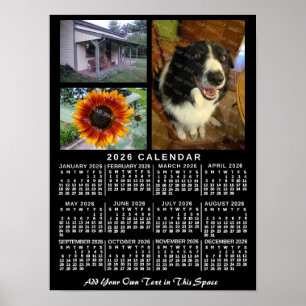 2026 Års Månadskalender Svart Anpassad 3 Bilder Poster