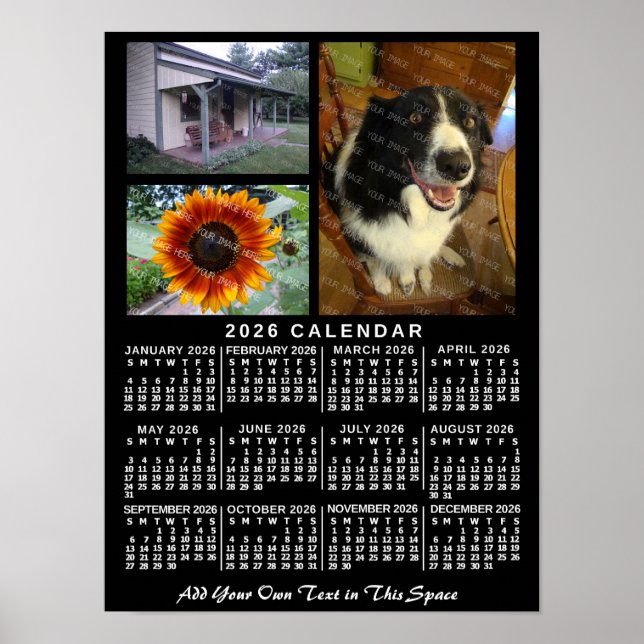 2026 Års Månadskalender Svart Anpassad 3 Bilder Poster (Framsidan)