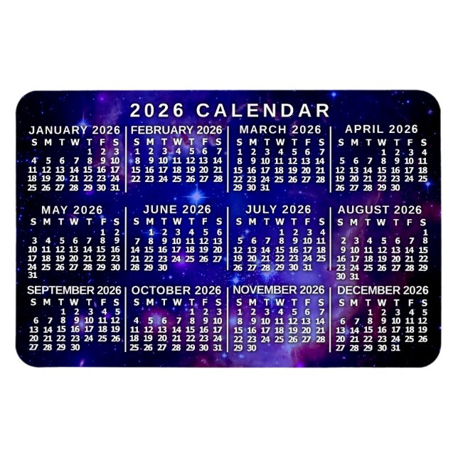 2026 Års Månadskalender Yttre Rymden Nebula Magnet (Horisontell)