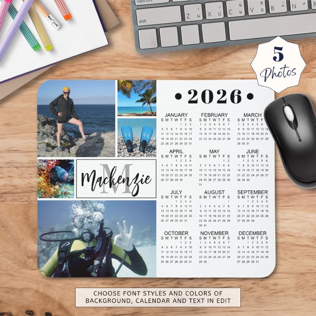 2026 års moderna kalender 5 Foton Monogram Namn Musmatta (Skapare uppladdad)