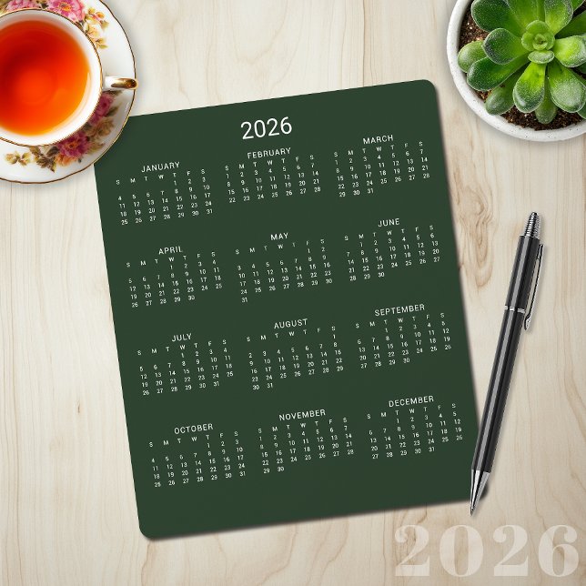 2026 års moderna minimalistiska kalender för Grönt Musmatta (2026 Modern Minimalist Forest Green Calendar Mouse Pad)