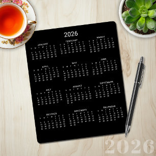 2026 års moderna minimalistiska svarta kalender musmatta