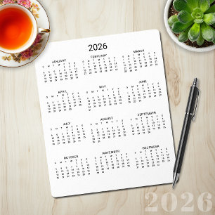 2026 års moderna minimalistiska svartvita kalender musmatta