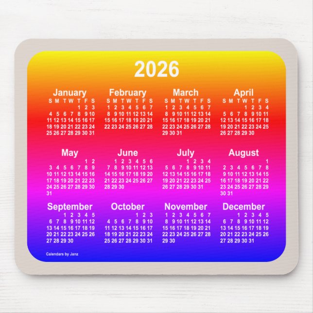 2026 års Neon Rainbow-kalender från Janz Two Tone Musmatta (Framsidan)
