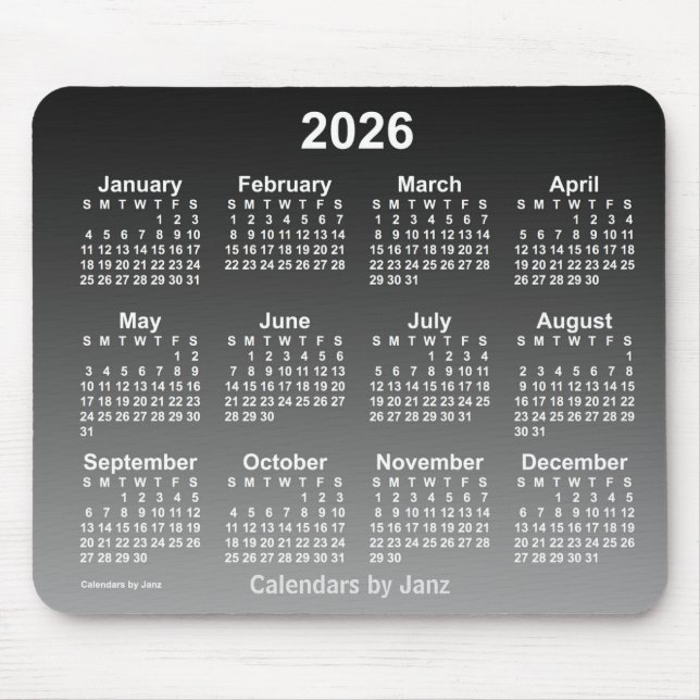 2026 års svarta kalender i Janz Mouse Pad Musmatta (Framsidan)