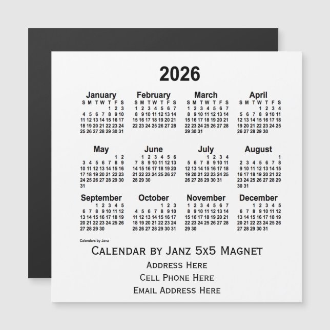 2026 års vitbokskalender från Janz 5x5 Magnet (Fram/baksida)
