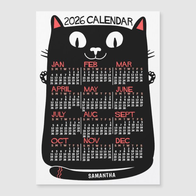 2026 Årskalender Mid-Century Svart Katt Magnet (Framsida)
