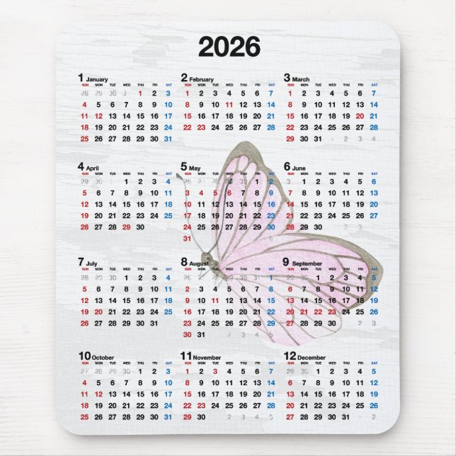 2026 Årskalender och rosa fjäril  Musmatta (Framsidan)