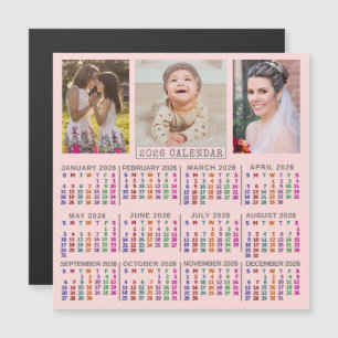 2026 Årskalender Söt Rosa Familjefotokollage Magnetisk Inbjudningskort