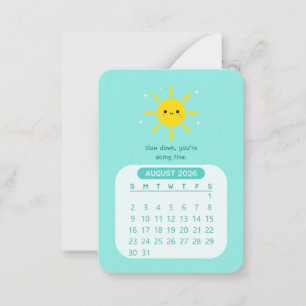 2026 Augusti Månatlig Kawaii Motiverande Kalender Anteckningskort