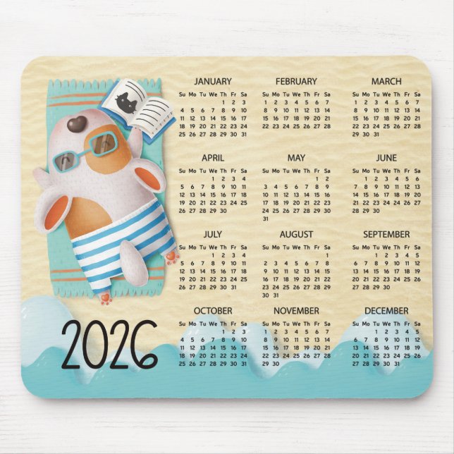 2026 Beach Dog Desk Calendar Mouse Pad Musmatta (Framsidan)