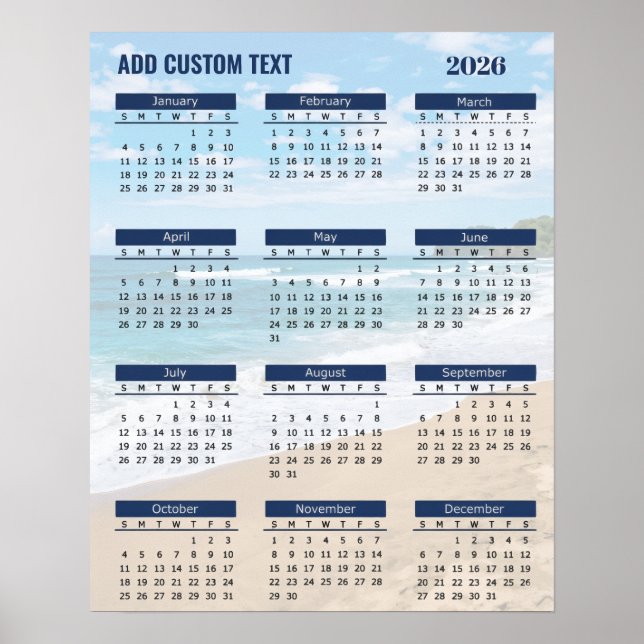2026 Beach Kalender Affisch med Anpassad Text      (Framsidan)