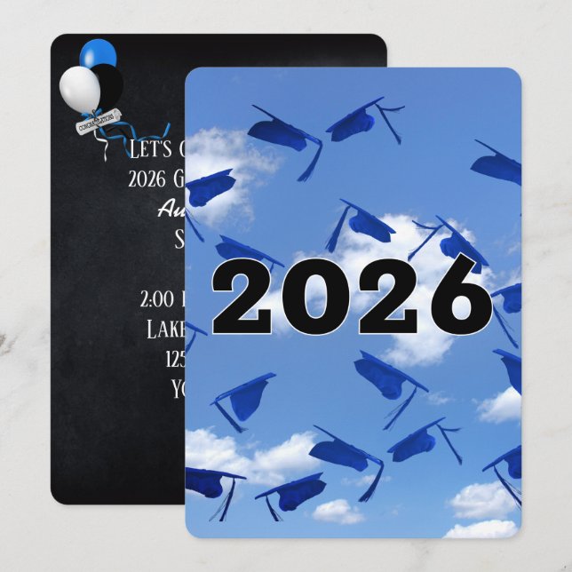 2026 Blå Examen Hattar i Himmel  Inbjudningar (Fram/baksida)