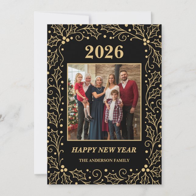 2026 Black & Antique-Gold Family New Year Photo Julkort (Framsida)