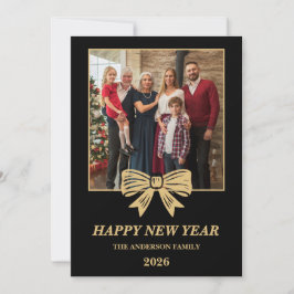 2026 Black & Gold Bow Family New Year Photo Julkort