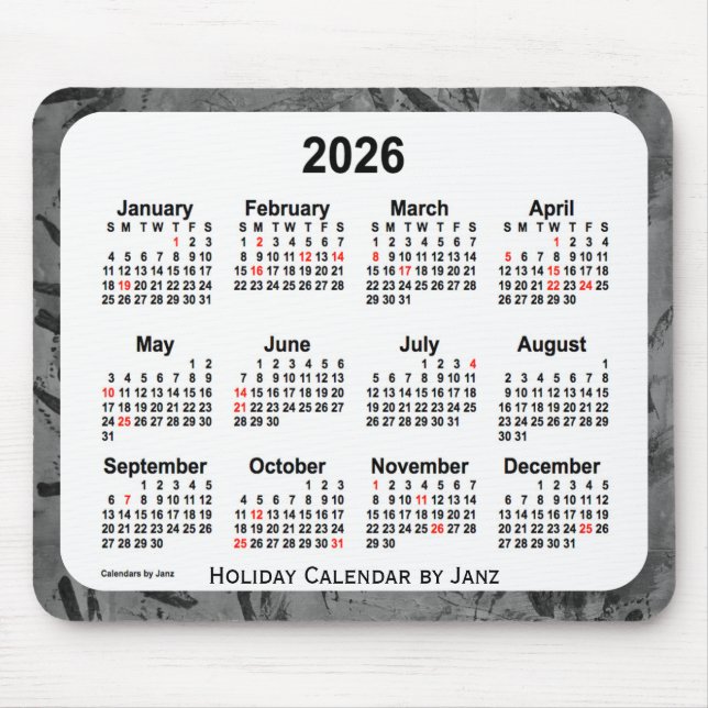 2026 Black Helgdag Art Calendar av Janz Mouse Pad Musmatta (Framsidan)