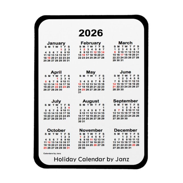2026 Black Helgdag Calendar av Janz Magnet (Vertikal)