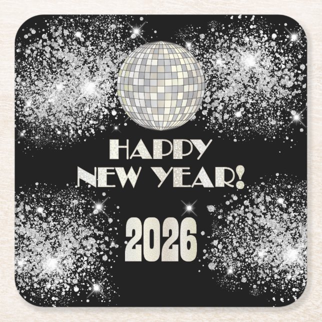 2026 Black Silver Glitter New Year's Eve Party  Underlägg Papper Kvadrat (Framsidan)