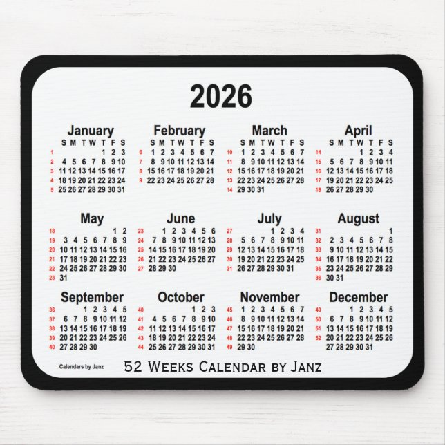 2026 Black Two Tone 52 Weeks-kalender från Janz Musmatta (Framsidan)